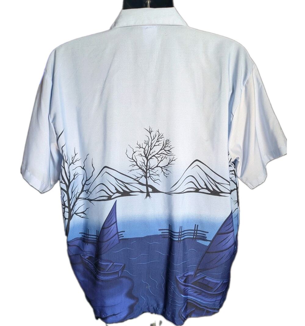 In Gear Mens XL Hawaiian Shirt Blue Sailboat Scenic Camp Aloha Button Up